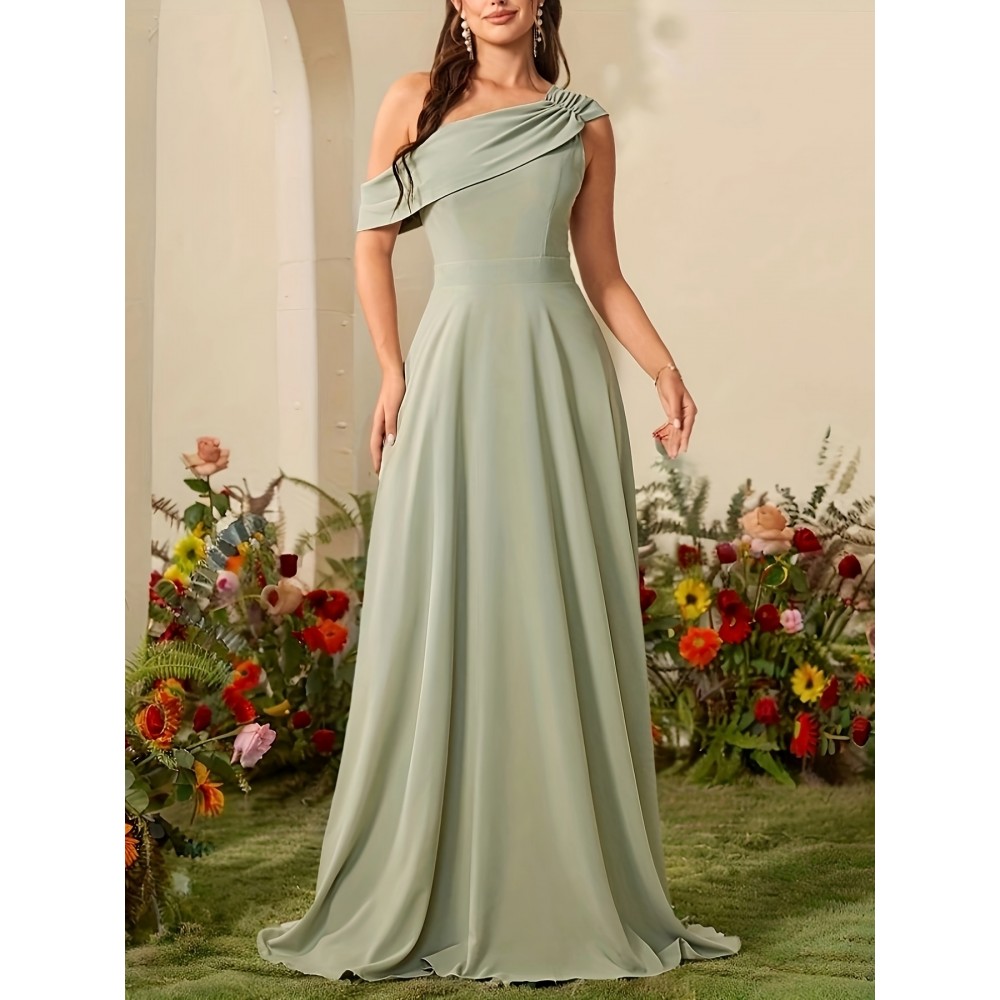 Elegant Mint Green One-Shoulder Chiffon Maxi Dress for Women - Sleeveless, Flowing Design with Ruched Detail, Perfect for Weddings, Parties, and Formal Events, Formal Event Attire|Ruched Detail Dress|Polyester Fabric