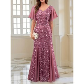 Elegant Pink Sequin Gown for Women - V-Neck, Short Sleeves, Flowing Skirt, Perfect for Parties and Formal Events, Formal Evening Wear | Vneck Gown | Sequin Embellishments, Dress