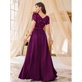 Elegant Purple Sequin Lace-Trimmed V-Neck Gown with Ruffle Sleeves and Flowing Skirt - Perfect for Formal Events, Formal Event Attire|Sequin Embellished Dress|Lace Trim Detail, Elegant Party Dress For Women, Elegant Dress For Women, Elegant Woman'S Dress