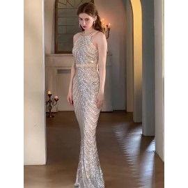 Women's Elegant Champagne Evening Gown - Formal Party Wedding Dress with Sequin Skirt, Mermaid-like Fishtail Train, for Prom, Galas, Hosting Events - Luxury Glamour Dress