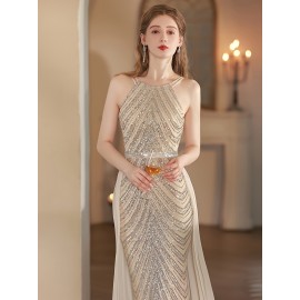 Women's Elegant Champagne Evening Gown - Formal Party Wedding Dress with Sequin Skirt, Mermaid-like Fishtail Train, for Prom, Galas, Hosting Events - Luxury Glamour Dress