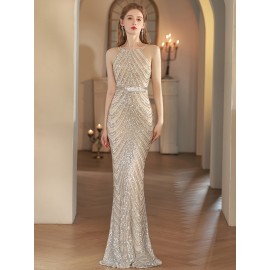 Women's Elegant Champagne Evening Gown - Formal Party Wedding Dress with Sequin Skirt, Mermaid-like Fishtail Train, for Prom, Galas, Hosting Events - Luxury Glamour Dress