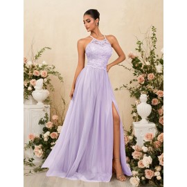 Elegant Blue Lace-Trimmed Maxi Dress with High Slit - Sleeveless, Flowing Design for Weddings, Proms & Formal Events, Perfect for Showcasing Fashionable Style, Formal Event Attire|Sleek Fitted Top|Lace Trim Detail