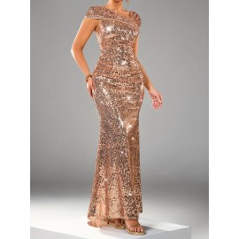 Women's Elegant Sequin Long Evening Gown - High-Waisted Mermaid Backless Formal Dress with Asymmetric One-Shoulder Neckline, Long Sleeve Sparkling Party Wedding Guest Gala Concert Dress, Mermaid Dress