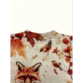 [Retro Fox Sweater] Retro 3D Fox & Birds Print Pullover Sweater | Long Sleeve Round Neck Loose Fit with Autumn Leaves Design, All-Season Casual Chic Top