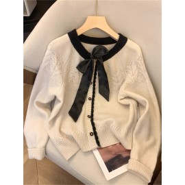 Elegant French-Style Color Block Long Sleeve Sweater with Bow Tie Detail, Round Neck, Button Front, Ribbed Cuffs - Perfect for Spring/Summer/Fall/Winter Outings and Valentine'S Day, Cute Sweaters