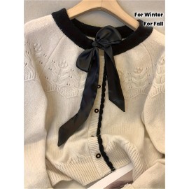 Elegant French-Style Color Block Long Sleeve Sweater with Bow Tie Detail, Round Neck, Button Front, Ribbed Cuffs - Perfect for Spring/Summer/Fall/Winter Outings and Valentine'S Day, Cute Sweaters