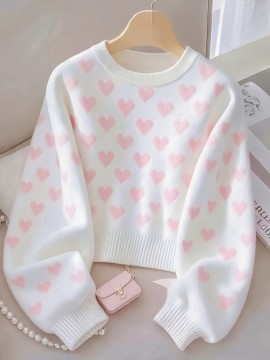 Women's Sweater - Soft Pink Heart pattern Sweater, Chic Crewneck Pullover for Everyday & Formal Outfits, All-Season Elegant Women's Sweater, Versatile Fashion, Sweet Aesthetic Top, Comfortable Fit, Durable Fabric