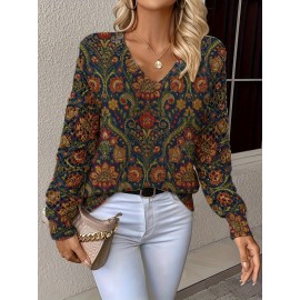 [Elegant Bohemian Sweater] Elegant Bohemian Women's V-Neck Long Sleeve Sweater | All-Season Floral Digital Print Pullover for Office, Streetwear & Home - Versatile Casual Chic Top