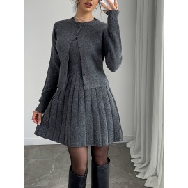 2pcs Elegant Set: Gray Button-Front Long-Sleeve Sweater and Round-Neck Pleated Sleeveless Dress