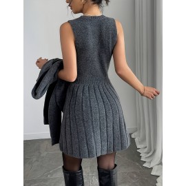 2pcs Elegant Set: Gray Button-Front Long-Sleeve Sweater and Round-Neck Pleated Sleeveless Dress