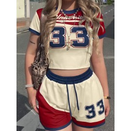 2pcs Campus Style s Set, Women'S Short Sleeve + Shorts, Red and Blue Contrast Number Print No. 33, Summer Casual Outfit