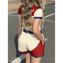2pcs Campus Style s Set, Women'S Short Sleeve + Shorts, Red and Blue Contrast Number Print No. 33, Summer Casual Outfit