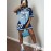 [Women's Blue Shorts Set] 2pcs Women's Blue y Shorts Set with Breathable Mesh Design, Loose Fit American Digital Print for a Look, Perfect for Summer