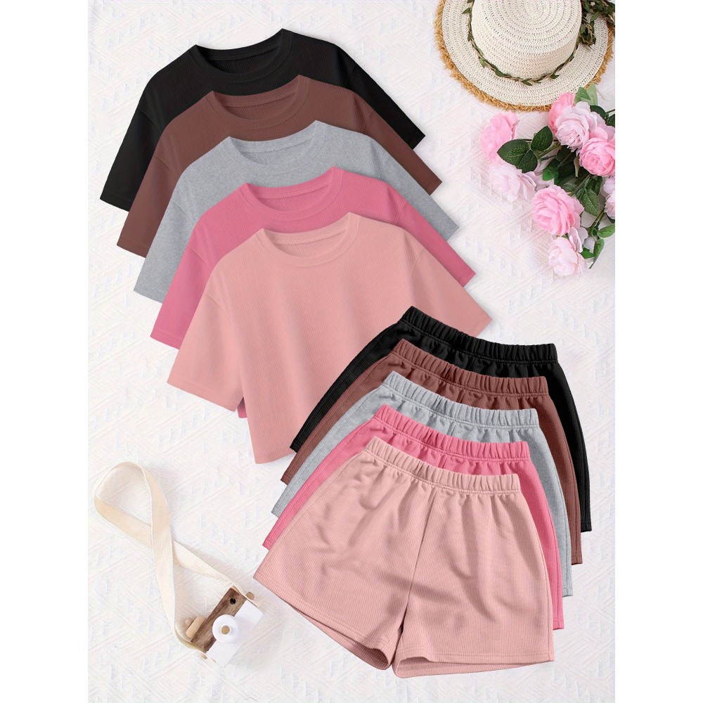 10pcs Women'S Spring Summer Casual Top and Pants Set Round Neck Short Sleeve T-Shirt + Comfortable Home Shorts -D10+K8-10pcs