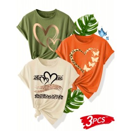 [3pcs Retro Tees] 3pcs Retro Love Heart Graphic Tees | Casual Short Sleeve Women's T-Shirts in Beige, Red & Orange with Golden Accents, Soft Polyester Blend