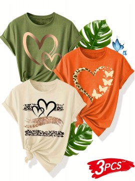 [3pcs Retro Tees] 3pcs Retro Love Heart Graphic Tees | Casual Short Sleeve Women's T-Shirts in Beige, Red & Orange with Golden Accents, Soft Polyester Blend