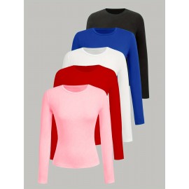 [5pcs Soft T-Shirts] 5pcs Plus Size Women's Soft Long Sleeve T-Shirts | Casual Round Neck Tops, Solid Color Basic Tees for Spring/Fall, Machine Washable | Black, Blue, White, Red, Pink, Ladies T Shirts, Seasonal Fashion, Simple Design, Comfortable Fit