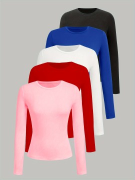 [5pcs Soft T-Shirts] 5pcs Plus Size Women's Soft Long Sleeve T-Shirts | Casual Round Neck Tops, Solid Color Basic Tees for Spring/Fall, Machine Washable | Black, Blue, White, Red, Pink, Ladies T Shirts, Seasonal Fashion, Simple Design, Comfortable Fit