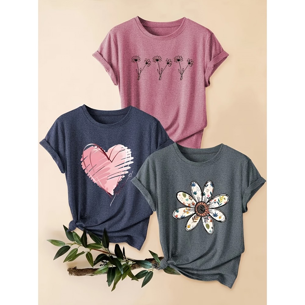 3pcs Women'S Floral Print T-Shirts - Casual Crew Neck, Short Sleeve, Medium Stretch Summer Tops with Heart & Flower Design, Plus Size, Fashionable for Commute, Vacation & Casual Attire