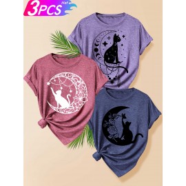 Creative Moon Cat Pattern Three-Piece Set: Family, Friends, Sisters - Printed Fashion Retro Style Women's Summer Casual Sporty Round Neck Short Sleeve T-Shirt in Multiple Colors