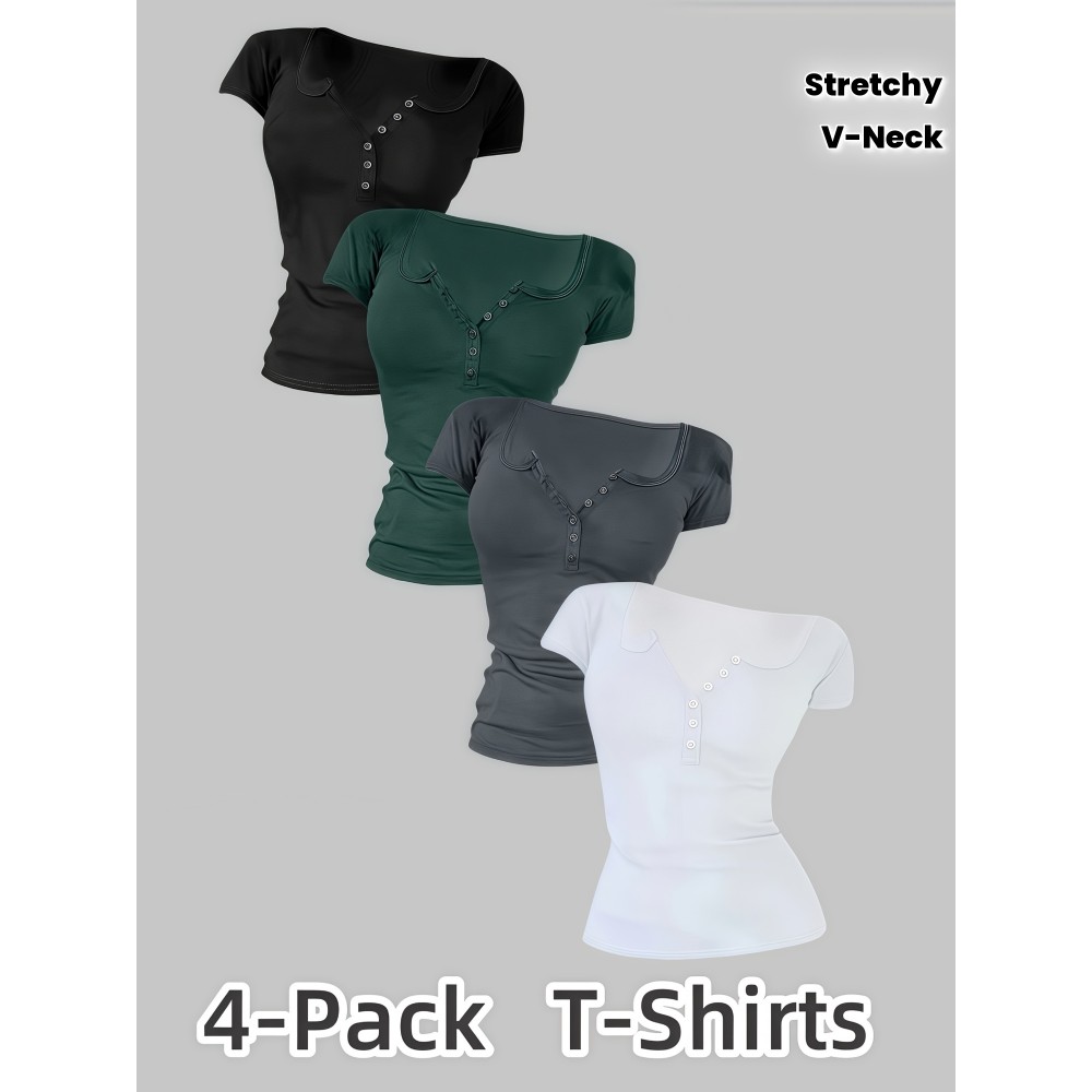 Women's Plus Size 4pcs T-Shirts - Stretchy Breathable V-Neck Button-Front Tops, Non-See-Through Fabric for Gym, Casual, Casual Attire - Black/, Machine Washable Summer Blouses, Workout Tops, Fitted Silhouette, Lightweight Material, Basic Tee, Women