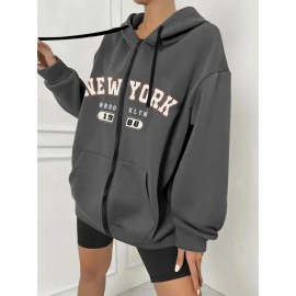 Women's Plus Size New York Graphic Hoodie - Casual Gray Zip-Up Sweatshirt with Kangaroo Pocket, Long Sleeves, and Ribbed Cuffs, Cute Hoodies
