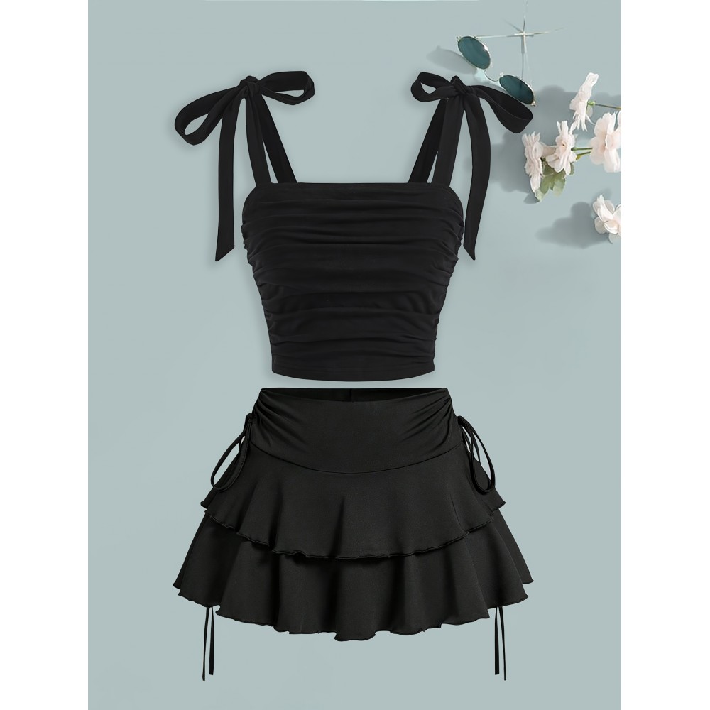 [Spring Sexy Dress] 2pcs Set Spring/Summer Sexy Short Dress Outfit + Fashion Bow Tie Camisole Vest, Multi-Layer Drawstring Women's Skirt