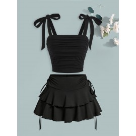 [Spring Sexy Dress] 2pcs Set Spring/Summer Sexy Short Dress Outfit + Fashion Bow Tie Camisole Vest, Multi-Layer Drawstring Women's Skirt