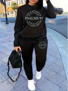 Letter Print Two Piece Set, Crew Neck Sweatshirt & Pants, Women's Clothing