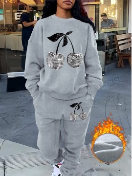 Women'S Stylish Casual Cherry Print Sweatshirt Set, Autumn And Winter Fleece Sweatshirt Outfit for Ladies.